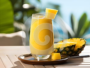 AI generated illustration of a glass of pineapple juice on a beautifully arranged table