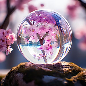 AI-generated illustration of a glass sphere on a rock reflecting pink flowers