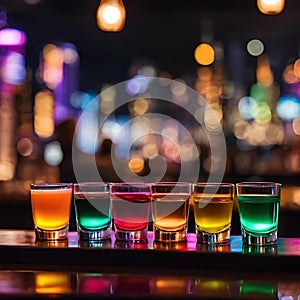 AI generated illustration of glasses filled with colored liquids, illuminated against a cityscape