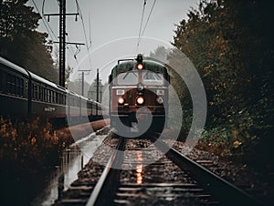 AI generated illustration of a gloomy and misty train on a railroad track