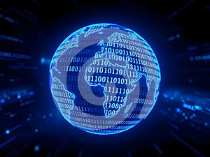 Glowing Blue Globe with Binary Code and Network Lines â Futuristic Technology Concept