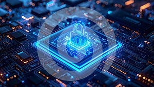 Futuristic Cyber Security Lock on Microchip AI Data Protection Digital Encryption Technology Background