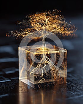 Quantum Wealth Tree Growing from Crystal Cube Symbolizing Financial Growth