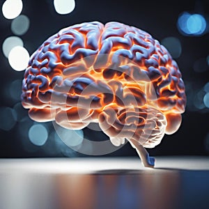 AI generated illustration of a glowing human brain illuminated in a dark setting