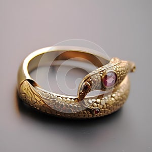 AI generated illustration of a gold ring with a pink stone resting on a wooden tabletop