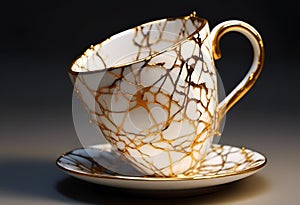 AI generated illustration of a gold-speckled broken porcelain cup  and saucer on a dark backdrop