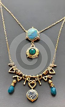 AI generated illustration of gold and turquoise stone necklace and earrings with intricate wirework