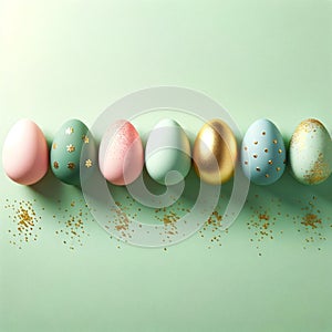 AI generated illustration of golden foiled and pearl-painted Easter eggs in a row