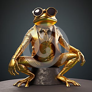 AI generated illustration of a golden frog wearing a pair of spectacles while perched log