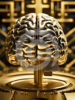 AI generated illustration of a golden human brain with electrical connections