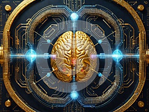 AI generated illustration of a golden human brain with electrical connections