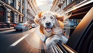 AI generated illustration of a golden retriever enjoying a car ride with its head out the window