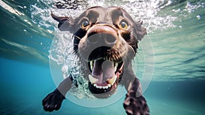 AI generated illustration of a golden retriever swimming in a clear pool with its mouth open wide