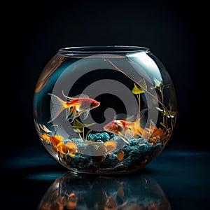 AI generated illustration of goldfish in round glass with clear water