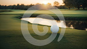 AI generated illustration of a golf ball poised on green field at sunrise