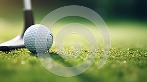 AI generated illustration of a golf ball in pristine condition atop a tee on a green golf course