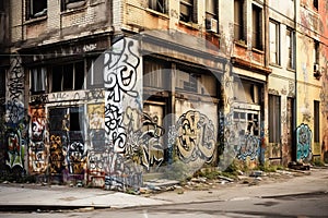 AI generated illustration of graffiti-covered abandoned building with broken windows