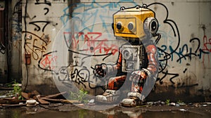 AI-generated illustration of a graffiti of a robotic figure with a yellow-colored faceplate