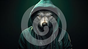AI generated illustration of a gray wolf with a hooded sweatshirt