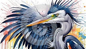 AI generated illustration of a great blue heron stands on a vibrant paint splattered background