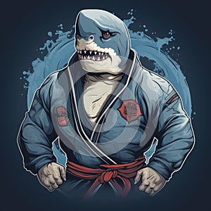 AI generated illustration of a great white shark dressed in a karate gi, ready to engage in battle