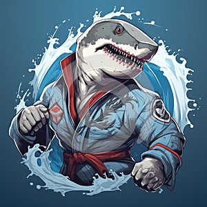 AI generated illustration of a great white shark dressed in a karate gi, ready to engage in battle