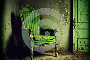 Ai generated illustration of a greeen armchair in an abandoned room