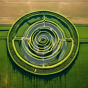 AI generated illustration of green crop circles in a field