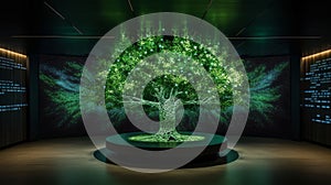 AI generated illustration of a green illuminated Tree of Life exhibit at a botanical garden