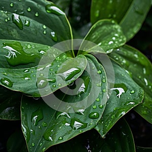 AI generated illustration of green leaves in water droplets