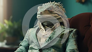 AI generated illustration of A green lizard perched on a chair wearing a tailored suit