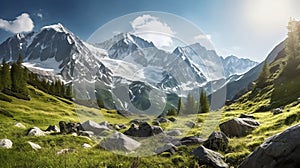 AI generated illustration of a green meadow against snow-capped mountains on a sunny day