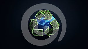 AI generated illustration of a green recycling sign around a globe of the Earth