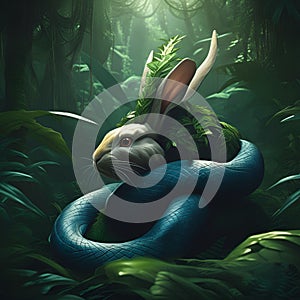 AI generated illustration of a green snake crawling around the neck of a rabbit in a jungle