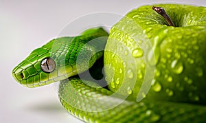 AI generated illustration of a green snake and a green apple on a white background