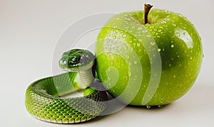 AI generated illustration of a green snake and a green apple on a white background