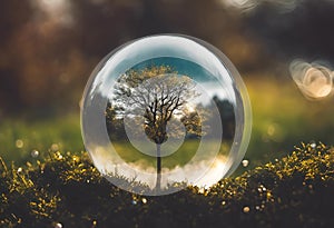 AI generated illustration of a green tree in a crystal ball