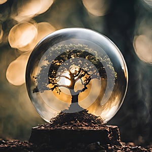 AI generated illustration of a green tree in a crystal ball