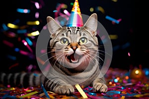 the grey tabby cat is wearing a birthday hat and confetti