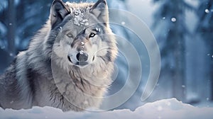 AI generated illustration of a grey timber wolf standing upon a blanket of snow