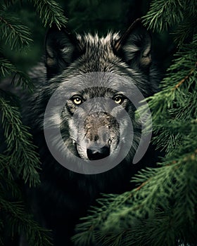 AI generated illustration of a grey wolf in a forest, looking out from behind some tree branches