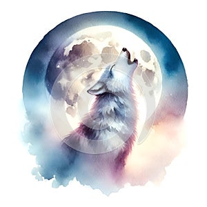 AI generated illustration of a grey wolf howling against the moon in watercolor