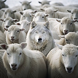 AI-generated illustration of A grey wolf standing amongst white sheep on a farm