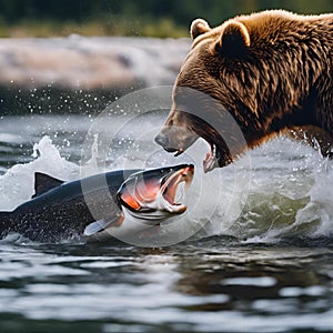 AI generated illustration of a grizzly bear fishing in a river