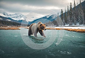 AI generated illustration of a grizzly bear hunting fish in a river