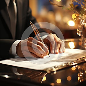 AI generated illustration of a groom in a suit signing marriage papers with a golden pen