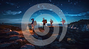 AI generated illustration of group of adventure seekers standing on a large rock formation