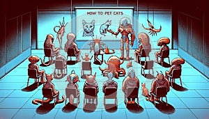 AI generated illustration of A group of aliens in a classroom learning how to pet cats