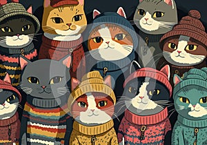 AI-generated illustration of a group of cats in hats and sweaters.