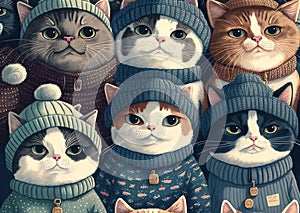 AI-generated illustration of a group of cats in hats and sweaters.